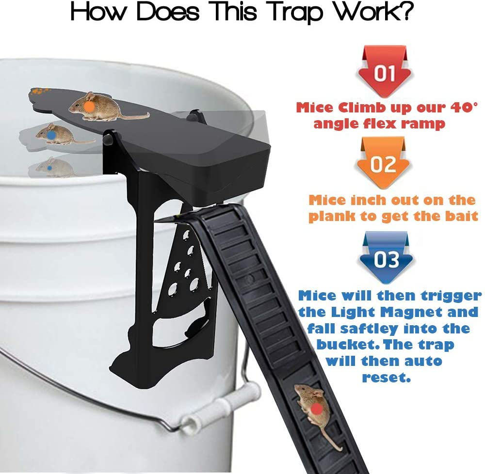 Rinnetraps Walk the Plank Mouse Trap, 4 Pack - Bucket Mouse Trap | 4 Free Ramps Included- Multi Catch , Auto Resetting | Humane | Catch and Release | or Lethal