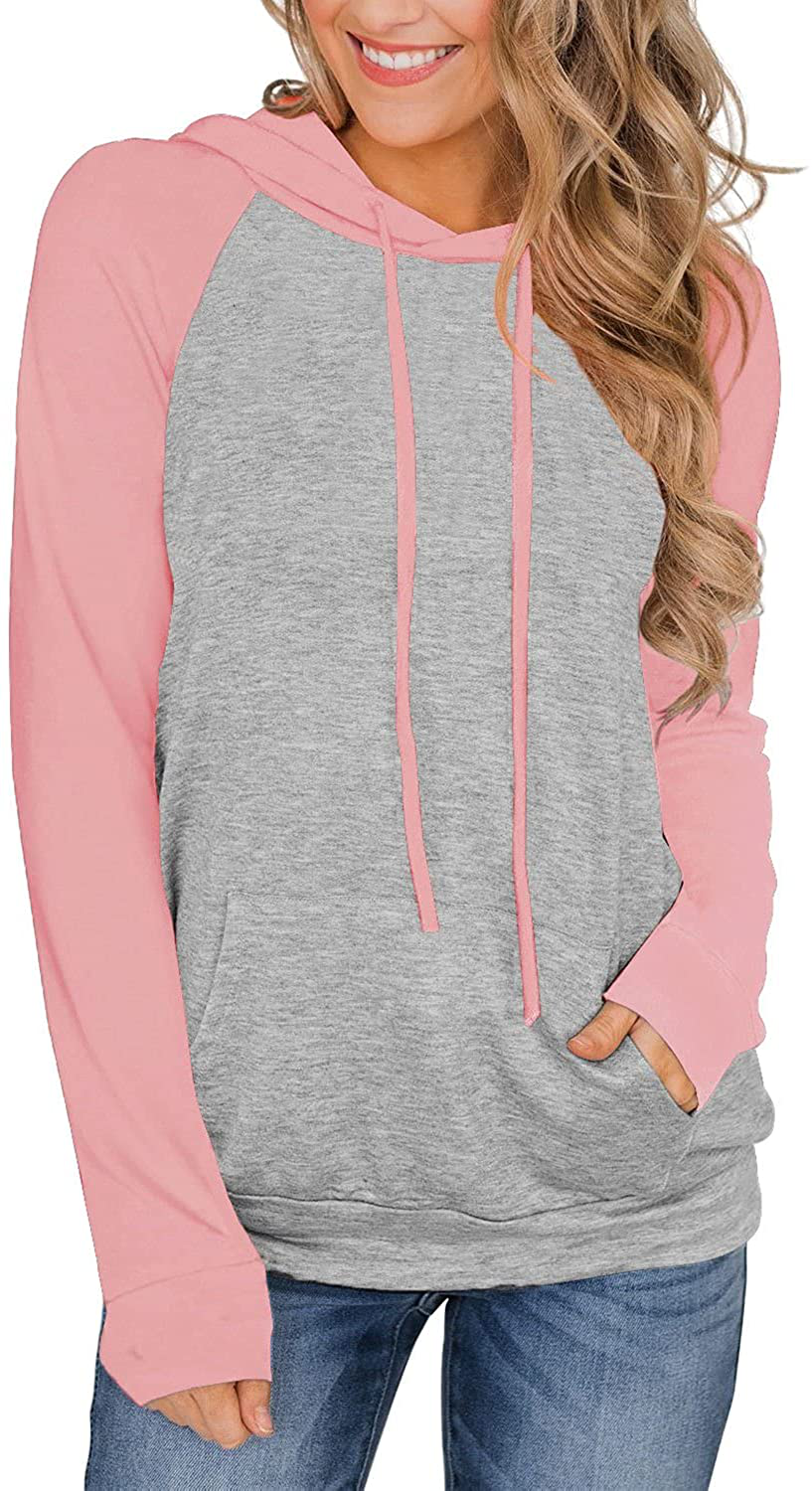 PINKMSTYLE Womens Color Block Hoodies Casual lightweight Drawstring Pullover Sweatshirt Fall Long Sleeve Tops with Pocket