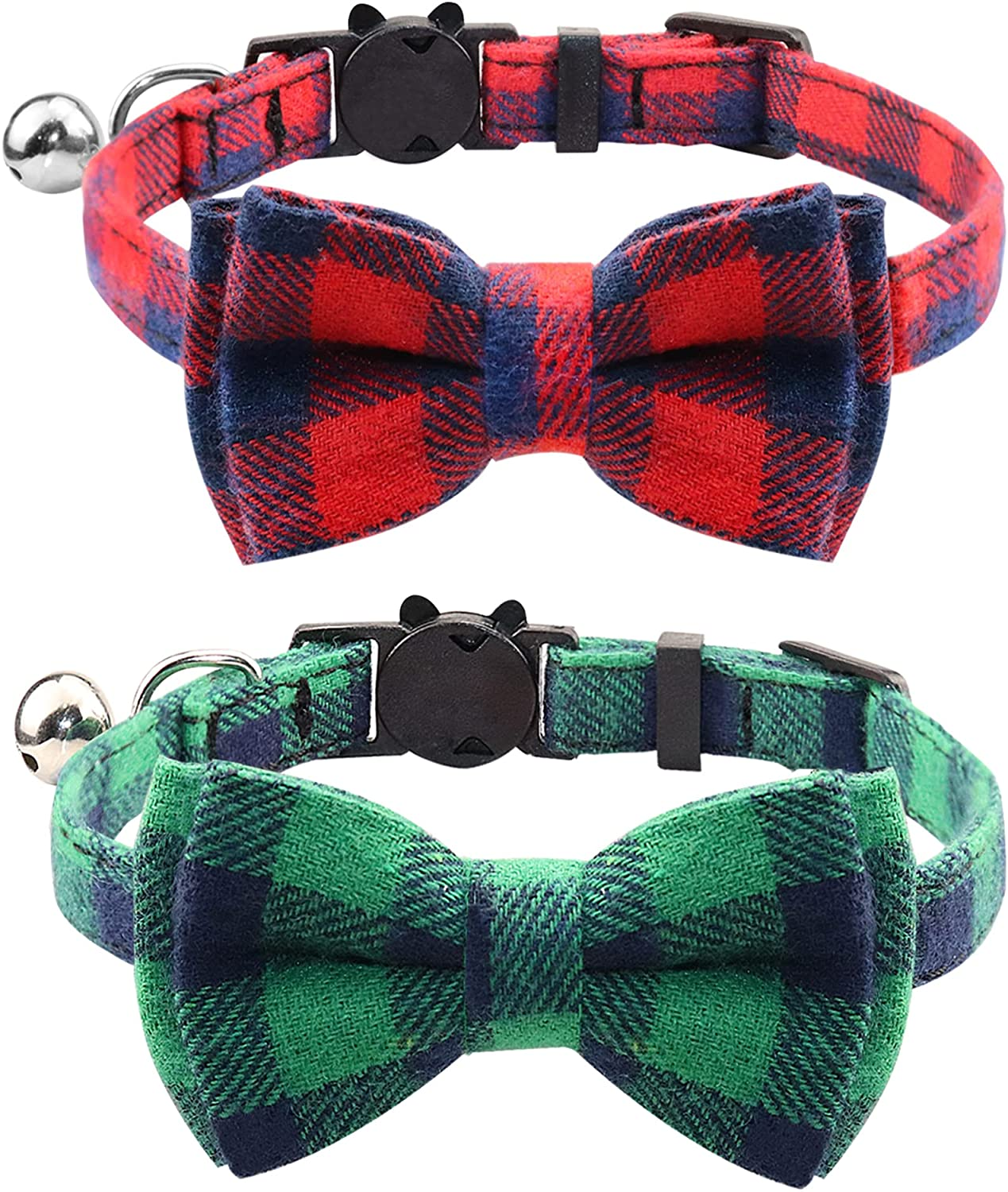 Joytale Breakaway Cat Collar with Bow Tie and Bell, Cute Plaid Patterns, 1 Pack Kitty Safety Collars,Haze Blue