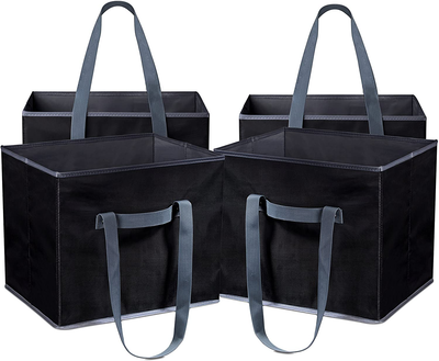 Reusable Shopping Cube Grocery Bag - These Sturdy Tote Bags Will Keep Your Car Trunk Groceries in Place. Long Handles to Carry in Hand or over Shoulder. Folds Flat for Convenient Storage. (Set of 4)