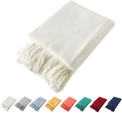 Homiest Decorative Knitted Throw Blanket with Fringe Soft & Cozy Tassel Blanket for Couch Sofa Bed (Ivory,50x60)