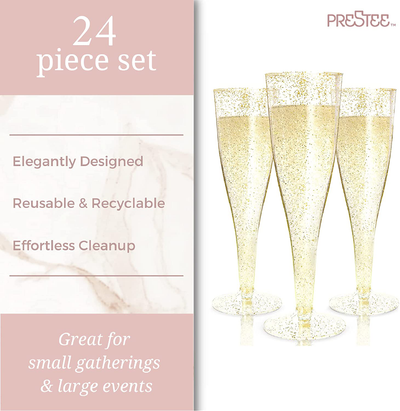 24 Plastic Champagne Flutes Disposable | Gold Glitter Plastic Champagne Glasses for Parties | Glitter Clear Plastic Cups | Plastic Toasting Glasses | Mimosa | Wedding and Shower Party Supplies