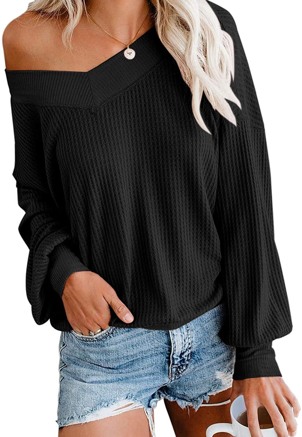 Adreamly Women's V Neck Long Sleeve Waffle Knit Top Off Shoulder Oversized Pullover Sweater