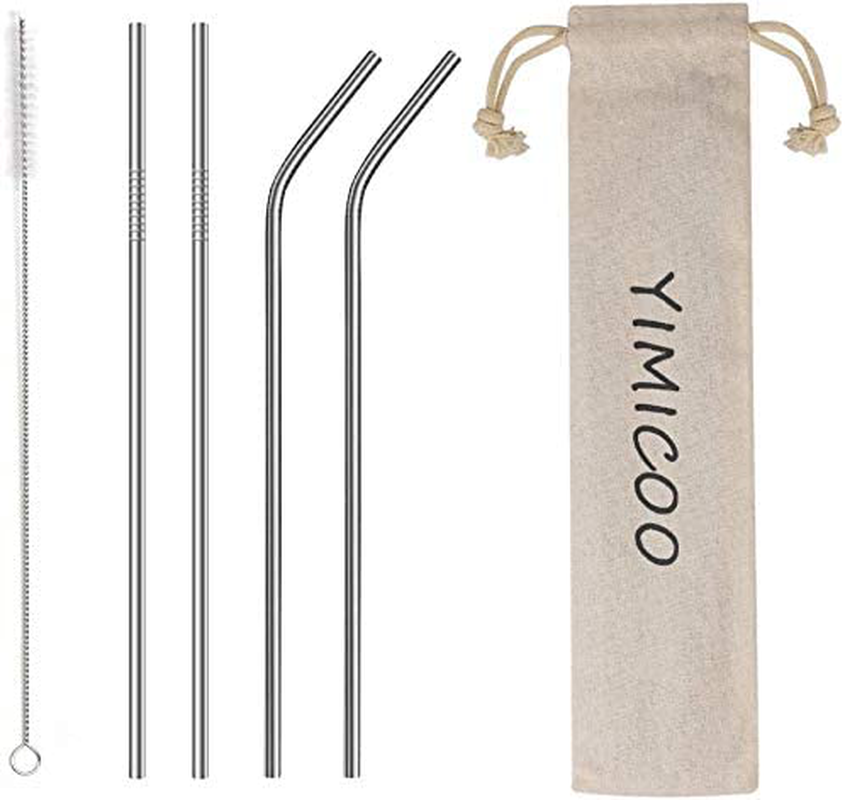 YIMICOO 4PCS Reusable Metal Straws,8.5" Stainless Steel Straws with Case -Cleaning Brush for 20/30 Oz for Tumblers (Silver)