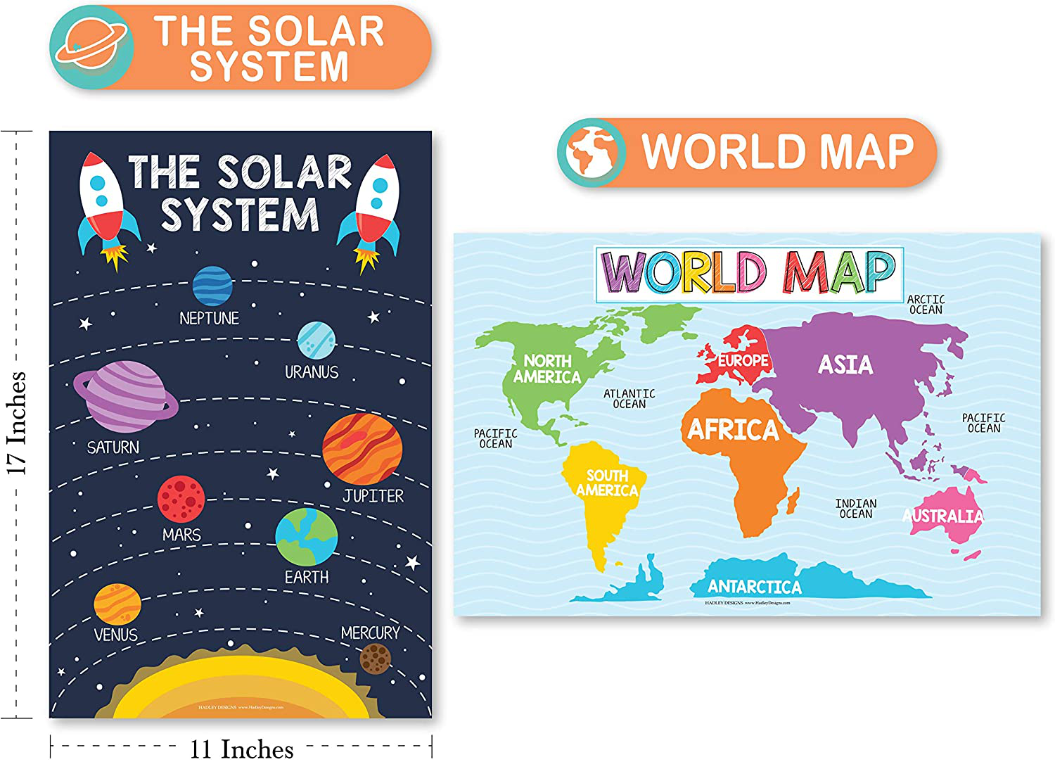 4 Alphabet, Map of United States, World Map, Solar System, ABC Posters Toddlers Wall Art Decor, Planets For Kid Chart, US Travel Map Laminated Kindergarten Classroom Prek Homeschool Supplies 11x17"