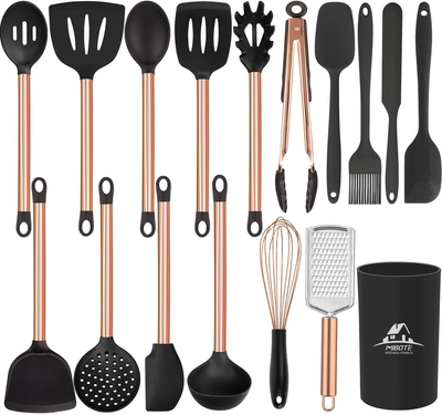 Mibote 17 Pcs Kitchen Utensils Set with Holder, Silicone Cooking Kitchen Utensils Set with Stainless Steel Handle (Copper)