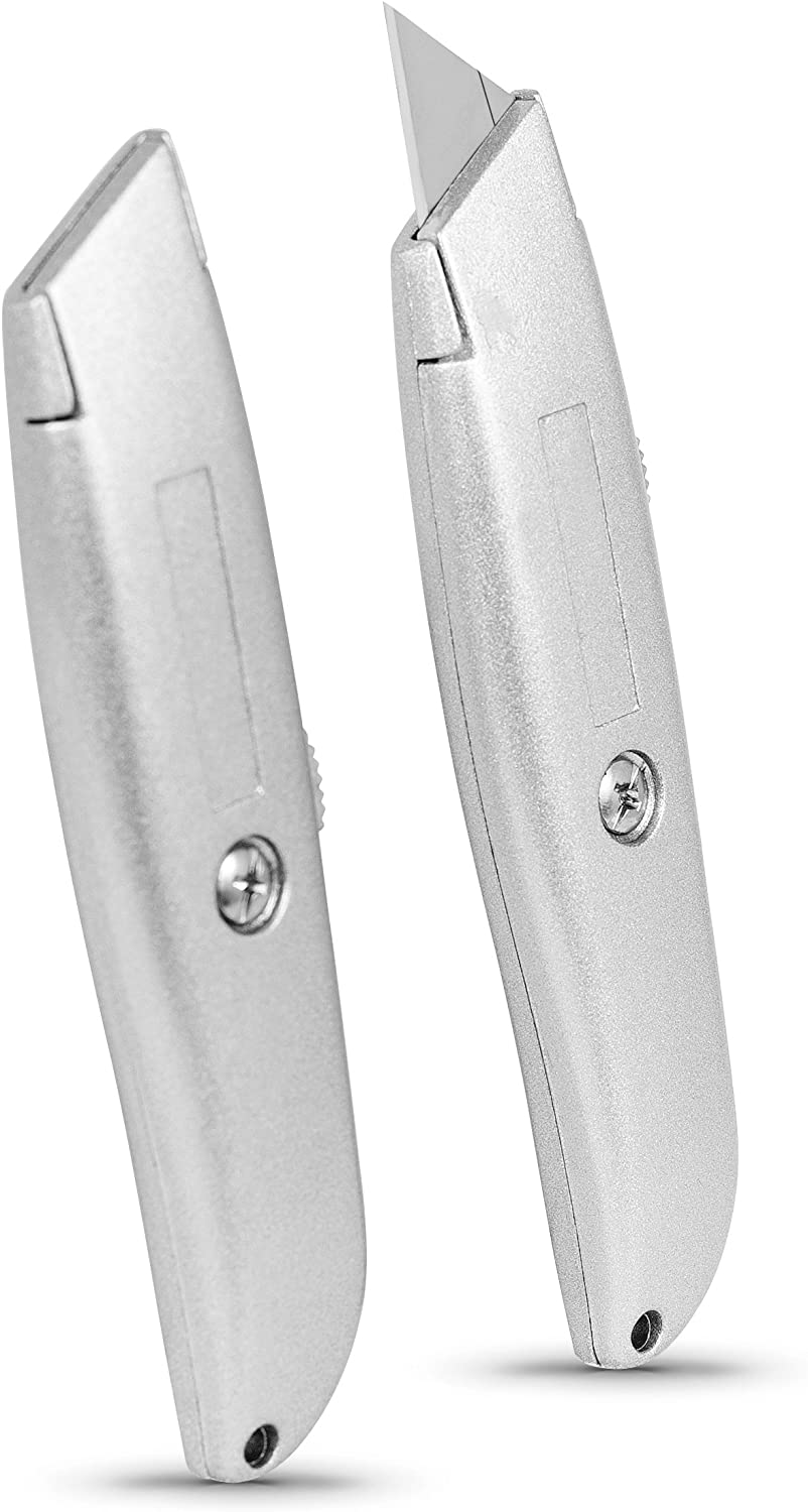 Internet's Best Classic Utility Knife - Set of 20 - Retractable Razor Knife Set - Extra Blade Refills - Box Cutter Locking Razor Knife - Full Metal Body - Silver