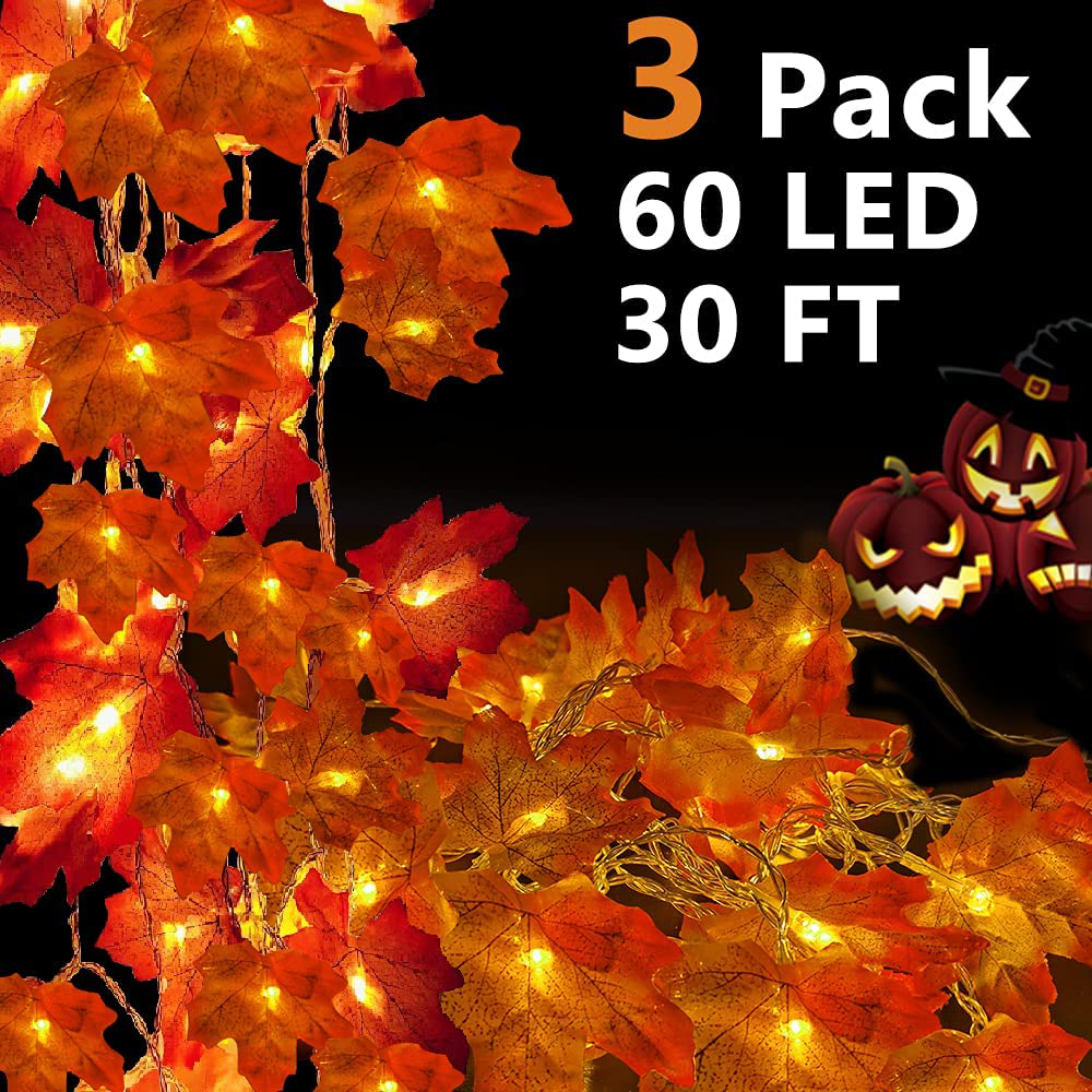 3 Pack Thanksgiving Maple Leaves String Lights Decorations 30FT 60LED Fall Leaf Garland Lights 3 AA Battery Operated Autumn for Home Party Fireplace Indoor Outdoor Holiday Decor (3Pack maple leaves)