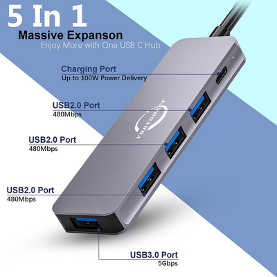 USB C to USB Hub , 5 In1 Mini Multiport Adapter with Long Cable,Usb-C Expander for Laptop(100W PD,3 USB2.0,1 Usb3.0),Slim Dongle Data Hub for Macbook Pro/Air,Imac,Surface,Xps,Pc,Type C Device