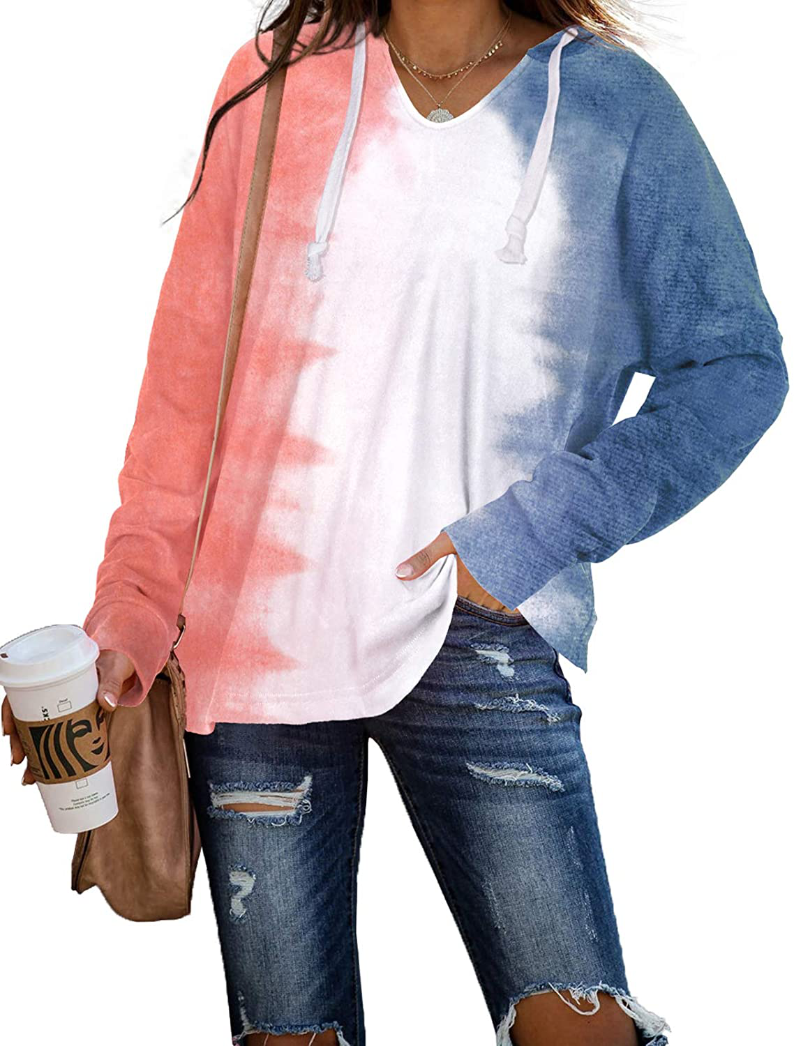 WIHOLL Women's V Neck Hoodie Sweatshirts Tie Dye Casual Long Sleeve Pullover Tops