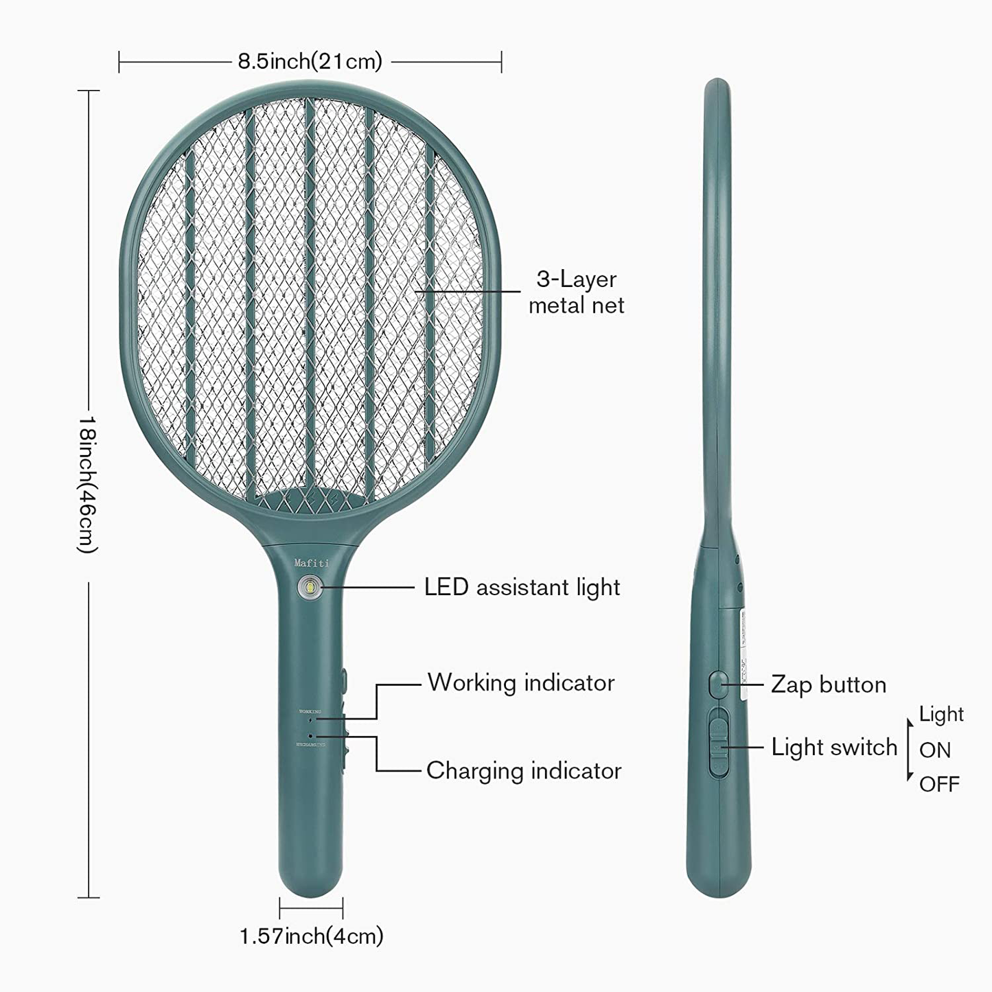 mafiti Bug Zapper Electric Fly Swatter Mosquito Killer Racket Rechargeable for Indoor and Outdoor Pest Control, LED Light 1-Pack