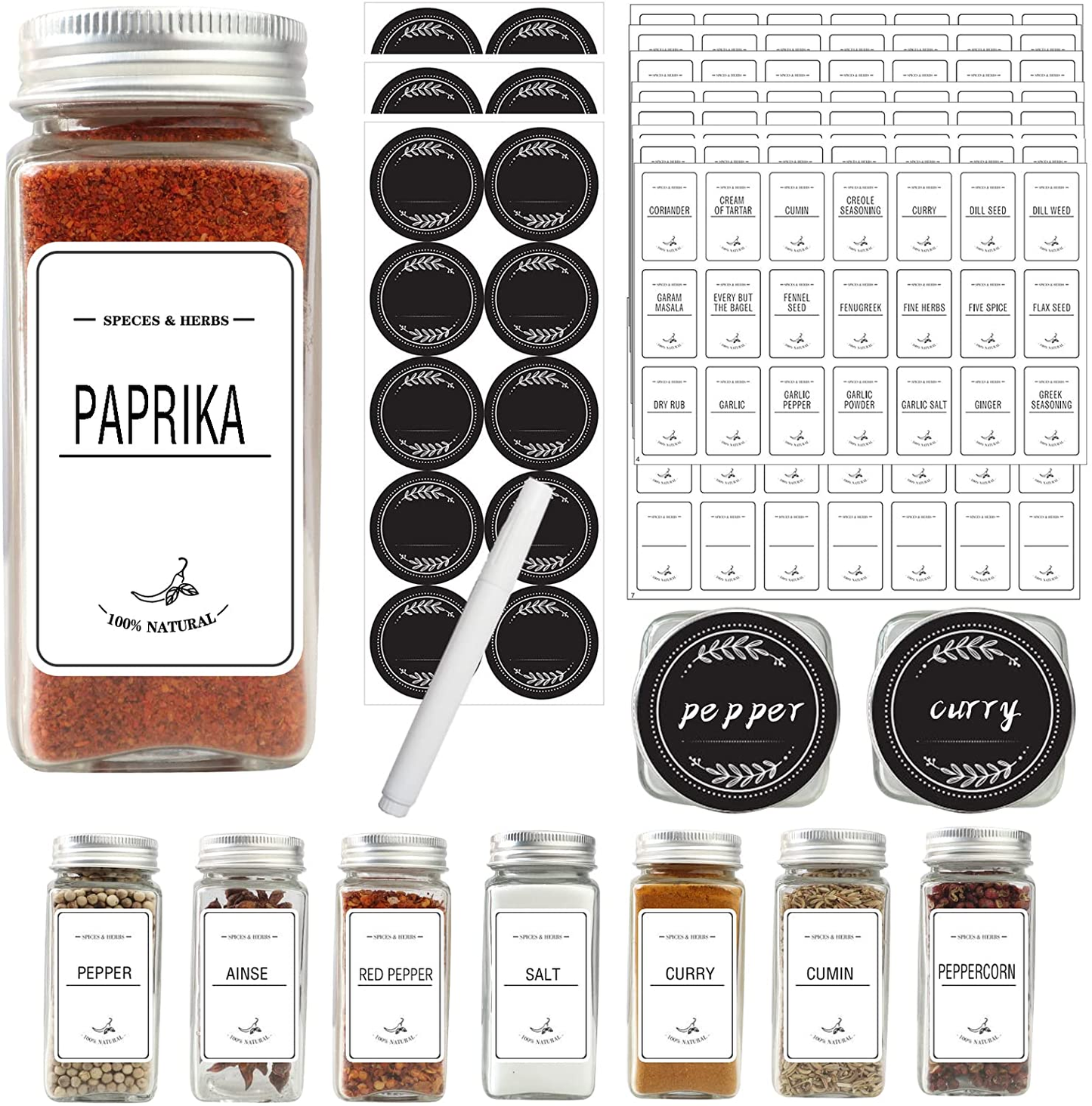 Spice Jar Labels - 198 Preprinted Spice Stickers with Marker. Water Resistant, Farmhouse Pantry Labels ​Great for Herb &Spice Organization Spice Rack