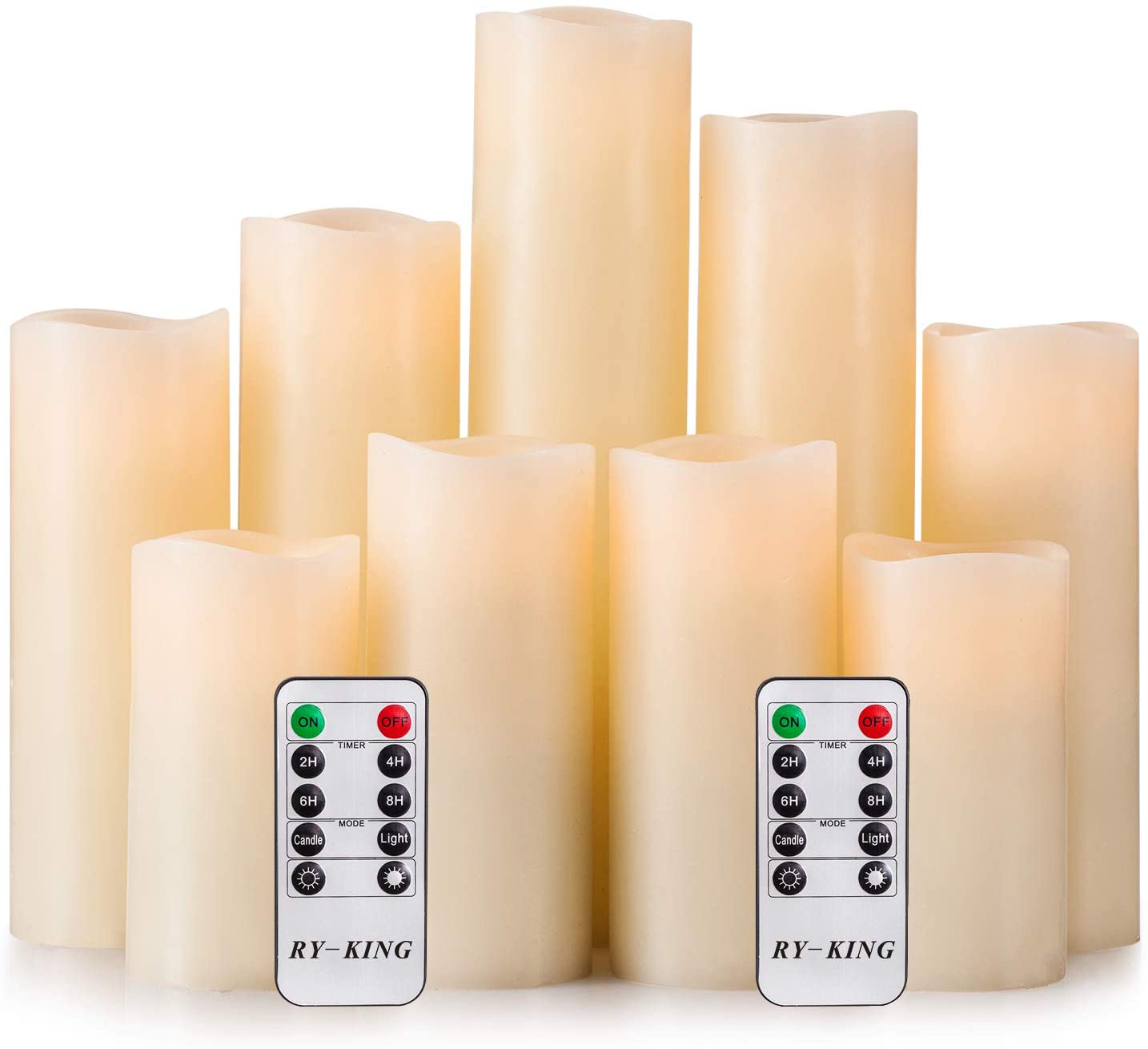 RY King Battery Operated Flameless Candle Set of 9 Real Wax Pillar Decorative Led Fake Candles with Remote Control and Timer