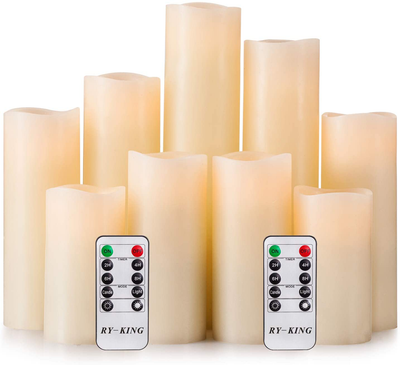 RY King Battery Operated Flameless Candle Set of 9 Real Wax Pillar Decorative Led Fake Candles with Remote Control and Timer