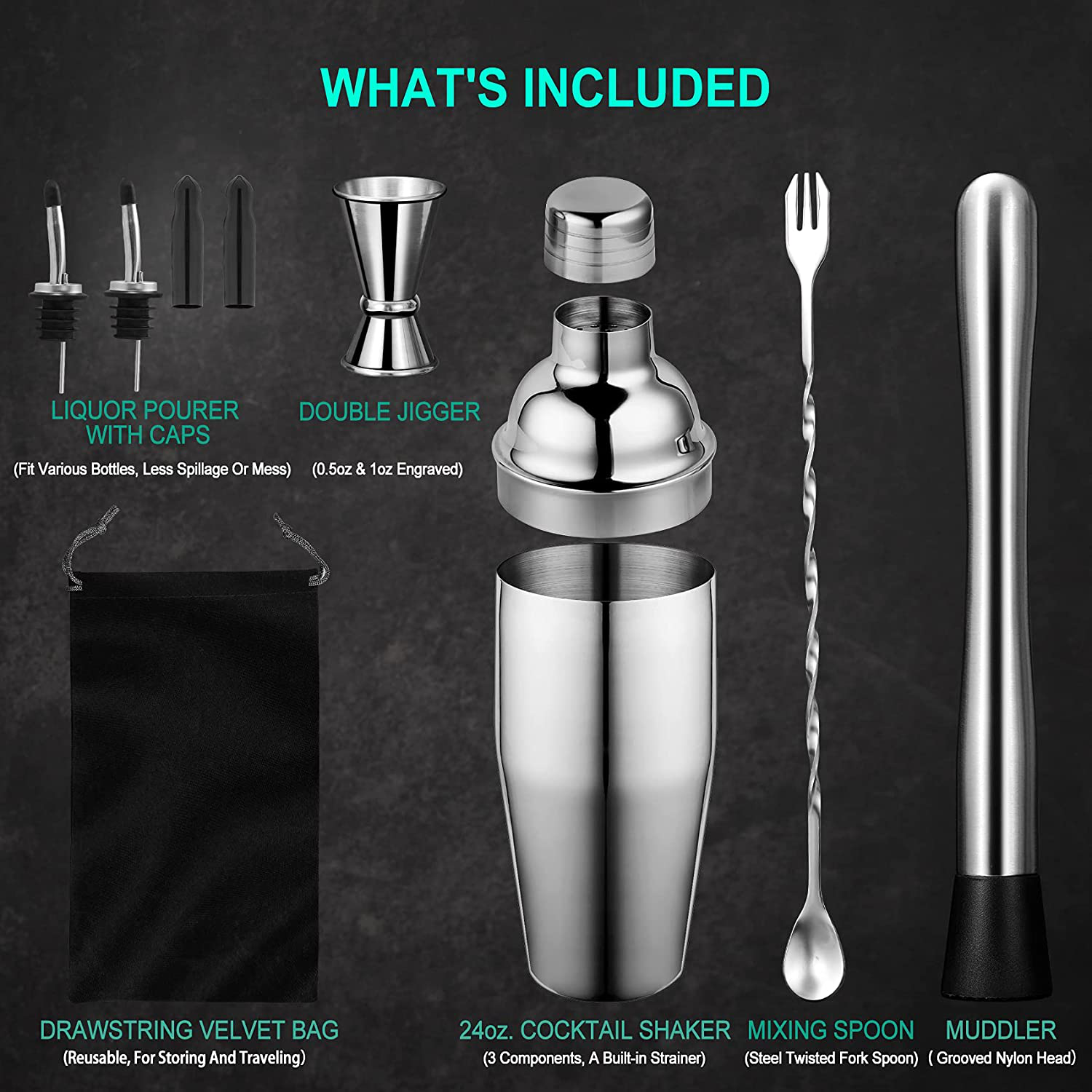 24 oz Cocktail Shaker Set Bartender Kit by Aozita, Stainless Steel Martini Shaker, Mixing Spoon, Muddler, Measuring Jigger, Liquor Pourers with Dust Caps and Manual of Recipes, Professional Bar Tools