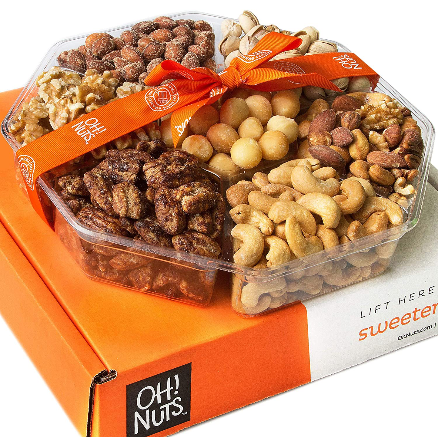 Oh! Nuts Gourmet Nut Gift Baskets, Freshly Roasted Party Tray, Prime Basket Gift Idea for Hanukkah, Thanksgiving, Christmas, Valentines Day, Men & Woman Birthday, Sympathy -4 Section Nut Gift Basket