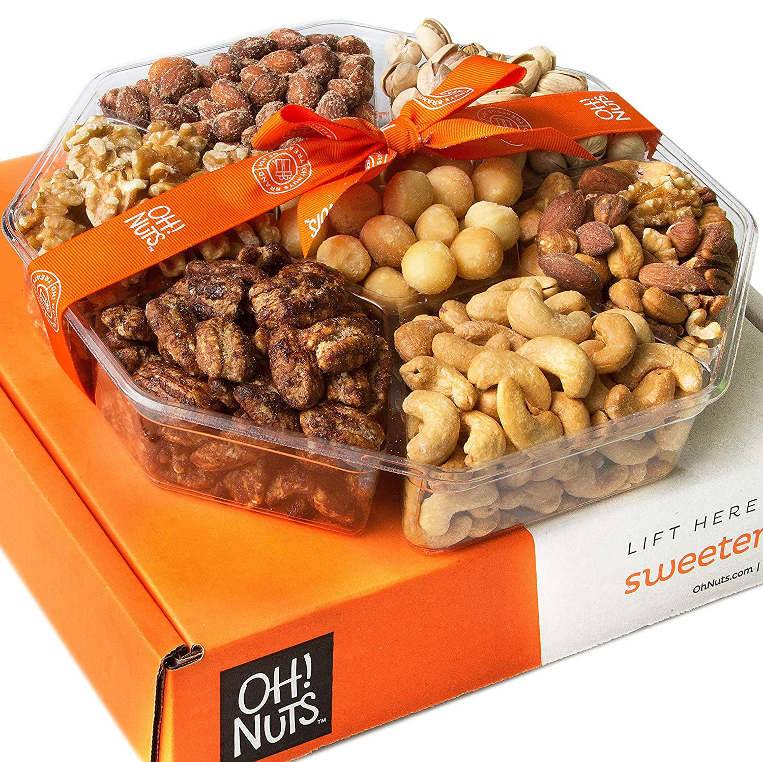 Oh! Nuts Gourmet Nut Gift Baskets, Freshly Roasted Party Tray, Prime Basket Gift Idea for Hanukkah, Thanksgiving, Christmas, Valentines Day, Men & Woman Birthday, Sympathy -4 Section Nut Gift Basket