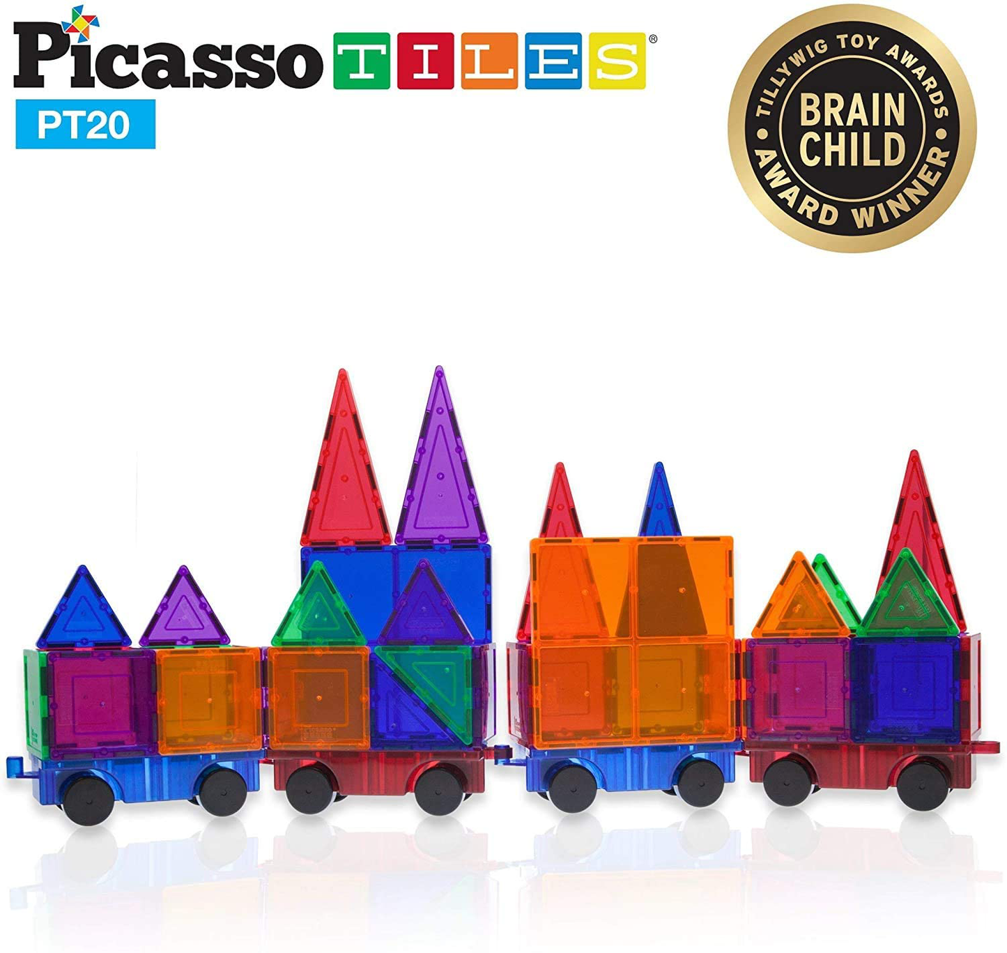 PicassoTiles 2 Piece Car Truck Construction Kit Toy Set Vehicle Educational Magnet Building Tile Magnetic Blocks Puzzle Magnets Toys with Re-Enforced Hitch and Long Bed for Girls Boys Toddler Ages 3+
