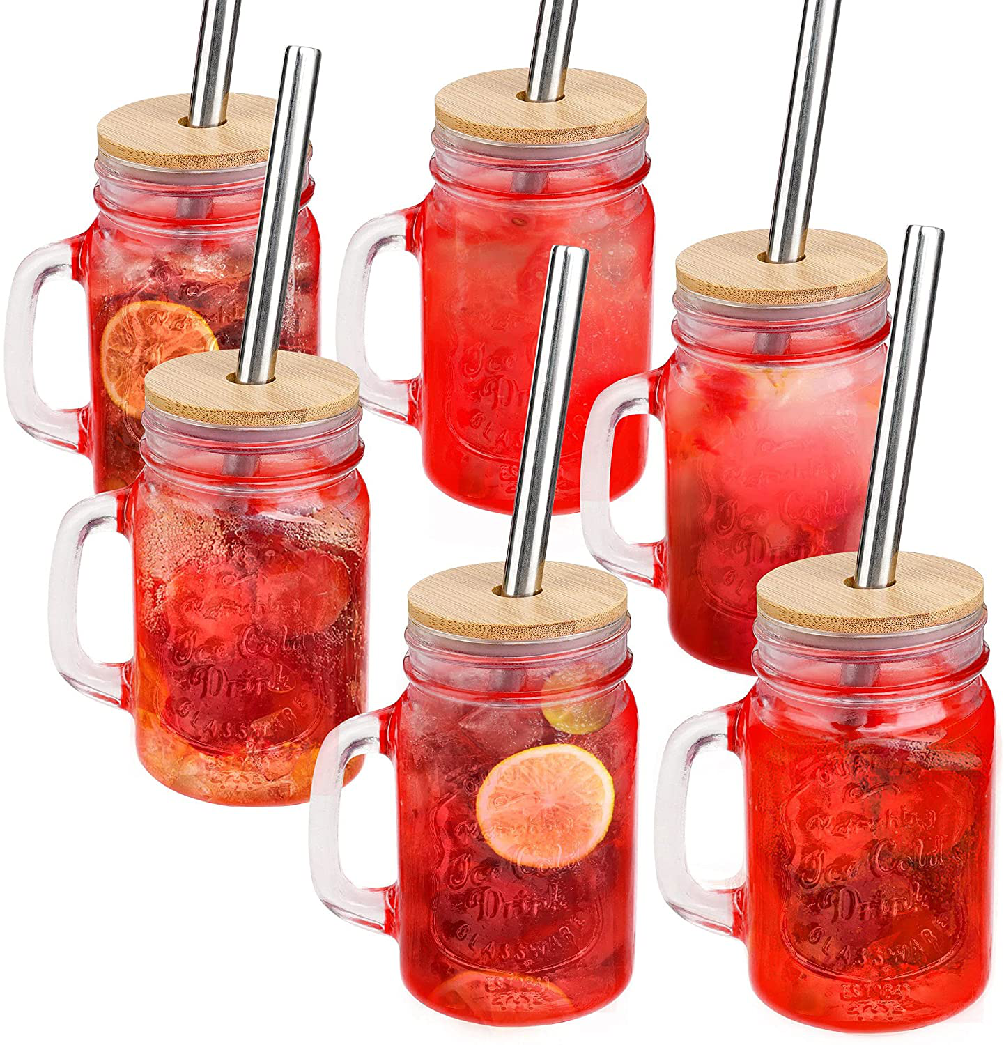 Mason Jar with lids and Straws 16OZ with Handles, Set of 6 Mason Jar With Handle, Regular Mouth Mason Jars 16 Oz, Mason Jar Cups with Lids and Straws, Set of 6 Mason Jar Drinking Glasses