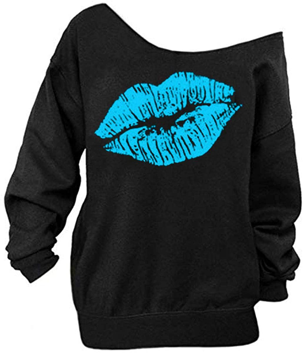 Begonia.K Women's Sweatshirt Lips Print Causal Long Sleeve Off The Shoulder Oversized Slouchy Pullover Plus Size Tops