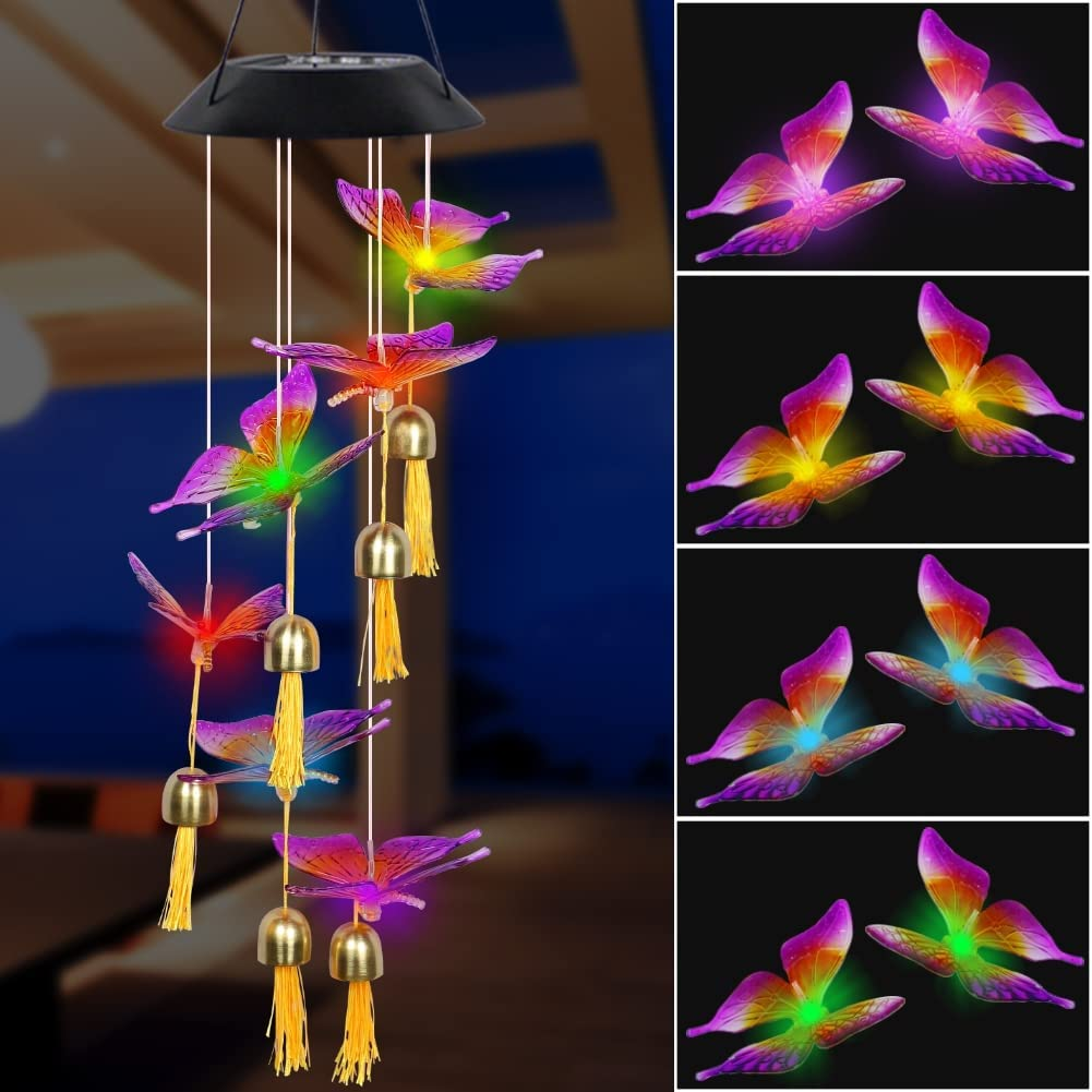 LED Solar Wind Chime with Bell，Mobile Hanging Wind Chime for Home Garden Decoration, Automatic Light Changing (Butterfly Bell)
