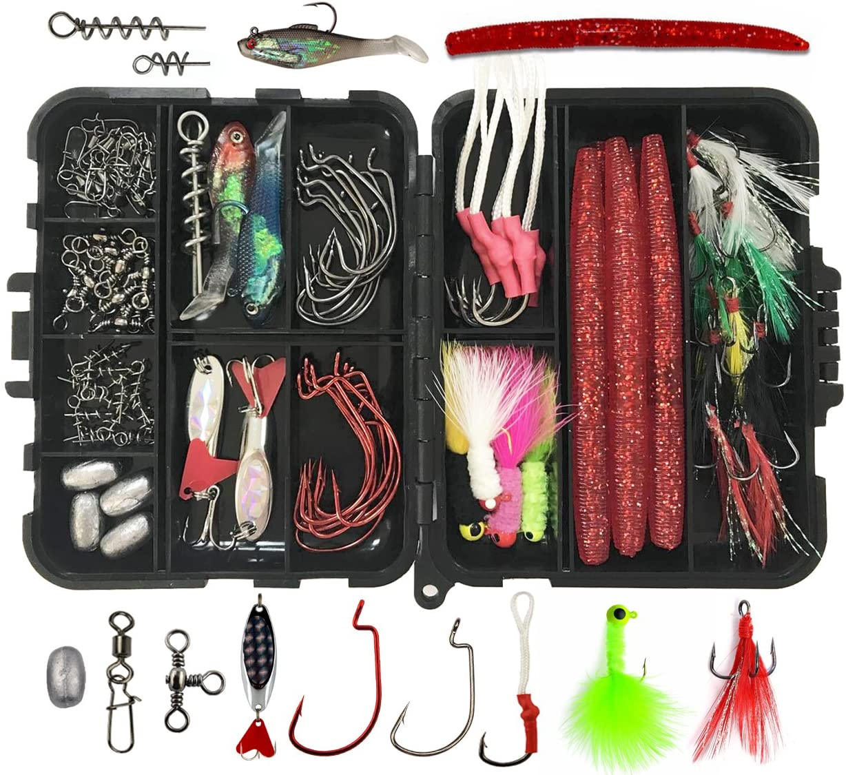 Fishing Lures Hooks Kit 100Pcs Fishing Tackle Box Include Soft Plastic Baits Crappie Jig Heads Bass Jig Hooks Metal Spoons Egg Sinkers Weights Swivels Fishing Tackle Accessories