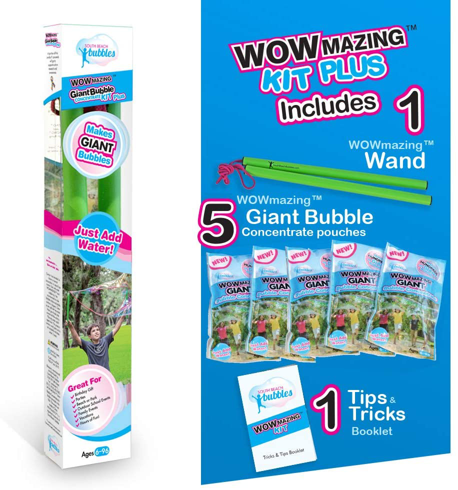 WOWMAZING Giant Bubble Kit: Kit Plus: (7-Piece Set) Great Value - Big Bubbles kit Including Big Bubble Wand and Giant Bubble Solution Concentrate. Makes 1.5 Gallon of Large Bubbles-Kit Plus