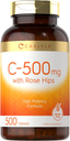 Vitamin C with Rose Hips 500Mg | 500 Tablets | Vegetarian, Non-Gmo and Gluten Free Supplement | High Potency Formula | by Carlyle