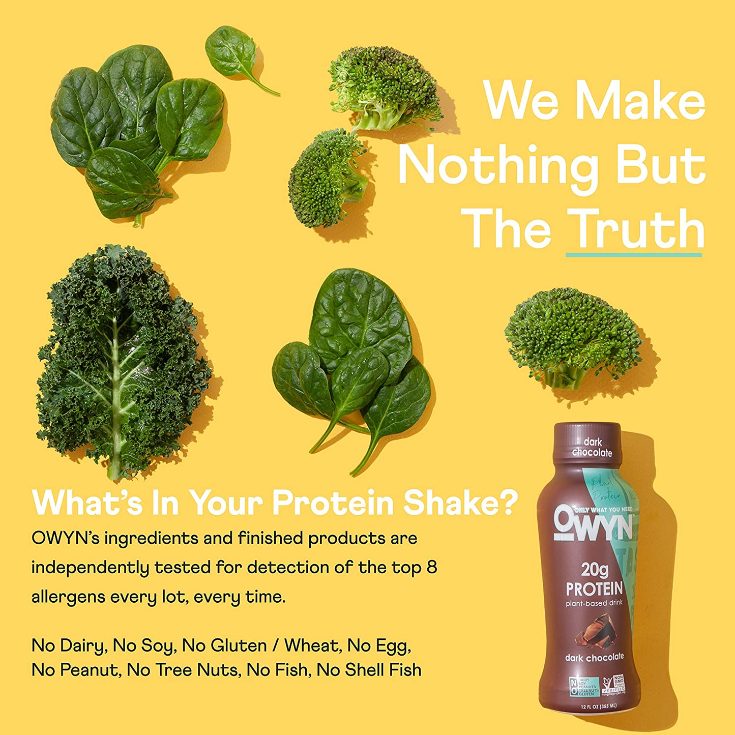 OWYN Plant Based Protein Shake, Dark Chocolate, with 20G Vegan Protein from Organic Pumpkin Seed, Flax, Pea Blend, Omega-3, Prebiotic Supplements and Superfoods Greens Blend for an All-In-One Nutritional Shake, Gluten and Soy-Free, Non-Gmo (12 Pack)