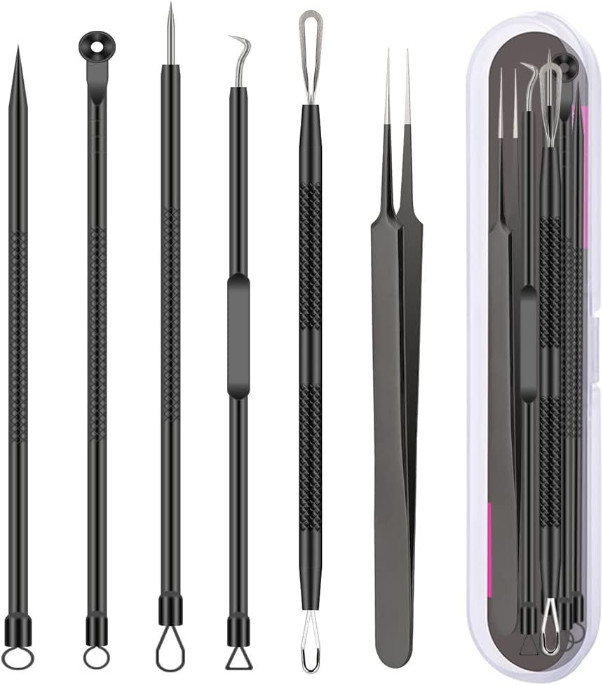 Pimple Popper Tool Kit , 6 Pcs Blackhead Remover Acne Needle Tools Set Removing Treatment Comedone Whitehead Popping Zit for Nose Face Skin Blemish Extractor Tool - Black