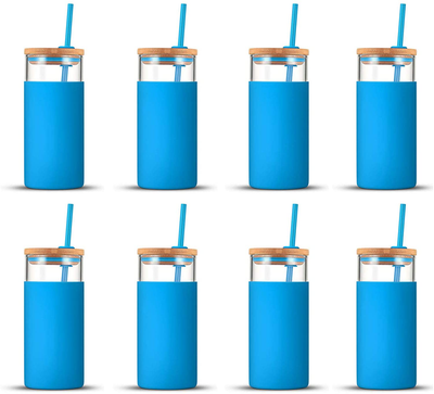 tronco 20oz Glass Tumbler Glass Water Bottle Straw Silicone Protective Sleeve Bamboo Lid - BPA Free (Blue/ 8-Pack)