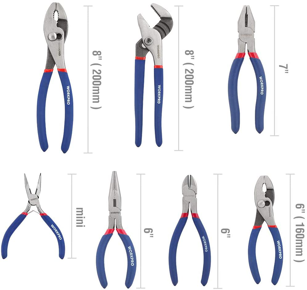 WORKPRO 7-piece Pliers Set (8-inch Groove Joint Pliers, 6-inch Long Nose, 6-inch Slip Joint, 4-1/2 Inch Long Nose, 6-inch Diagonal, 7-inch Linesman, 8-inch Slip Joint) for DIY & Home Use