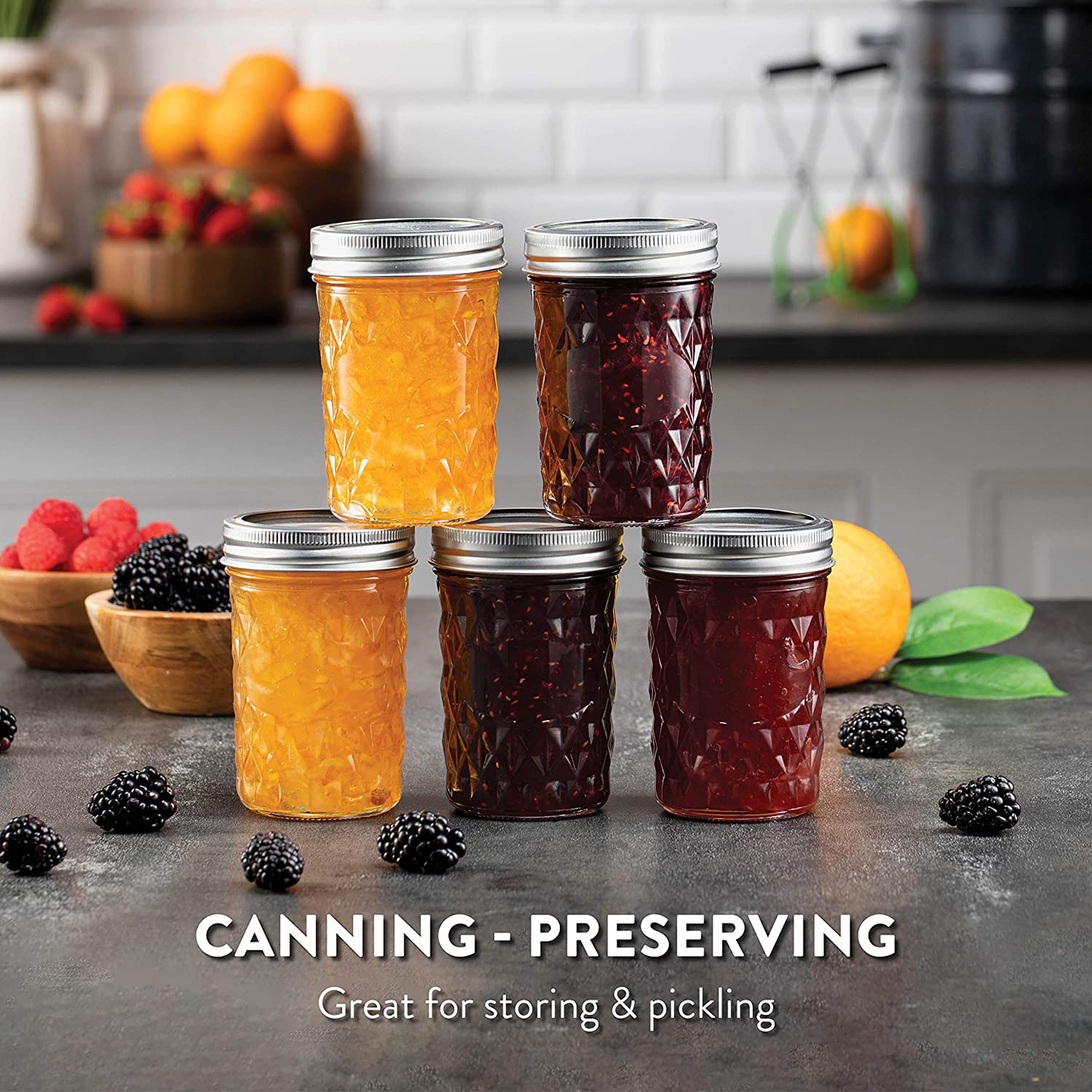 Regular-Mouth Glass Mason Jars, 8-Ounce (6-Pack) Glass Canning Jars with Silver Metal Airtight Lids and Bands with Chalkboard Labels, for Canning, Preserving, Meal Prep, Overnight Oats, Jam, Jelly,