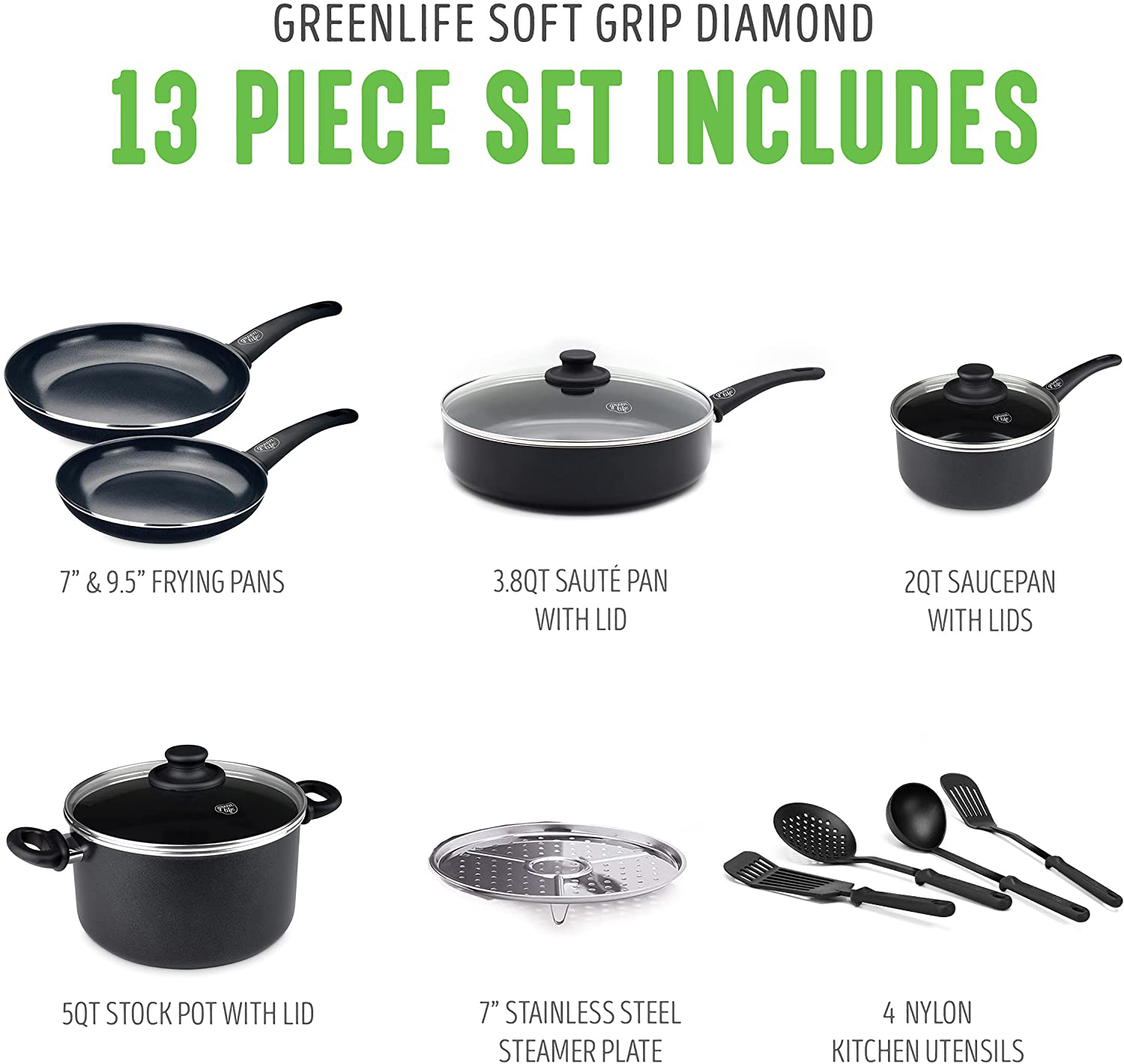 GreenLife Soft Grip Diamond Healthy Ceramic Nonstick, Cookware Pots and Pans Set, 13 Piece, Black