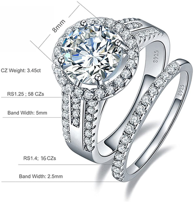 3.45Ct 925 Sterling Silver Cubic Zirconia Halo Anniversary Wedding Band Engagement Ring Bridal Set