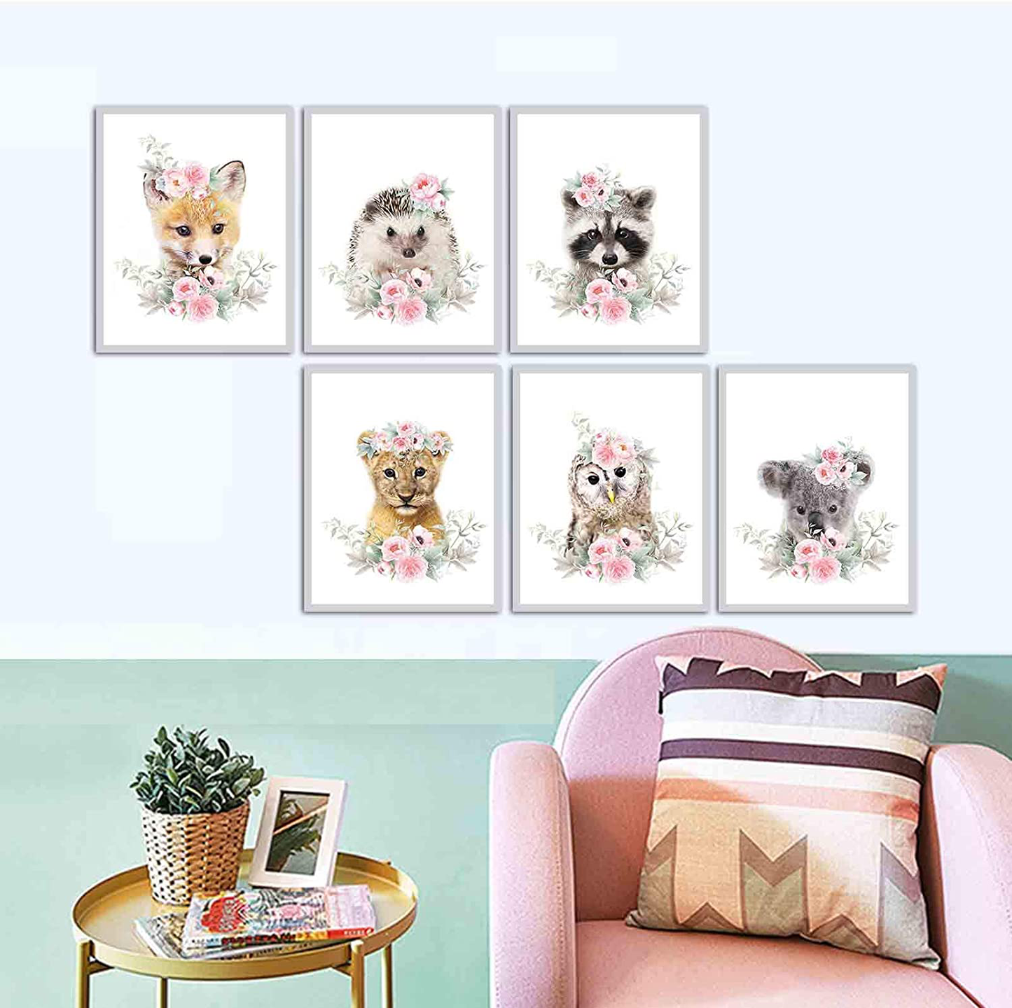 Woodland Animals Flower Art Print Flowers Crown Nursery Quotes Art Prints Art Set of 6(8x10 Canvas Picture) Kids Baby Girl Room Wall Decor Poster for Kids Bedroom Home Decor Unframed