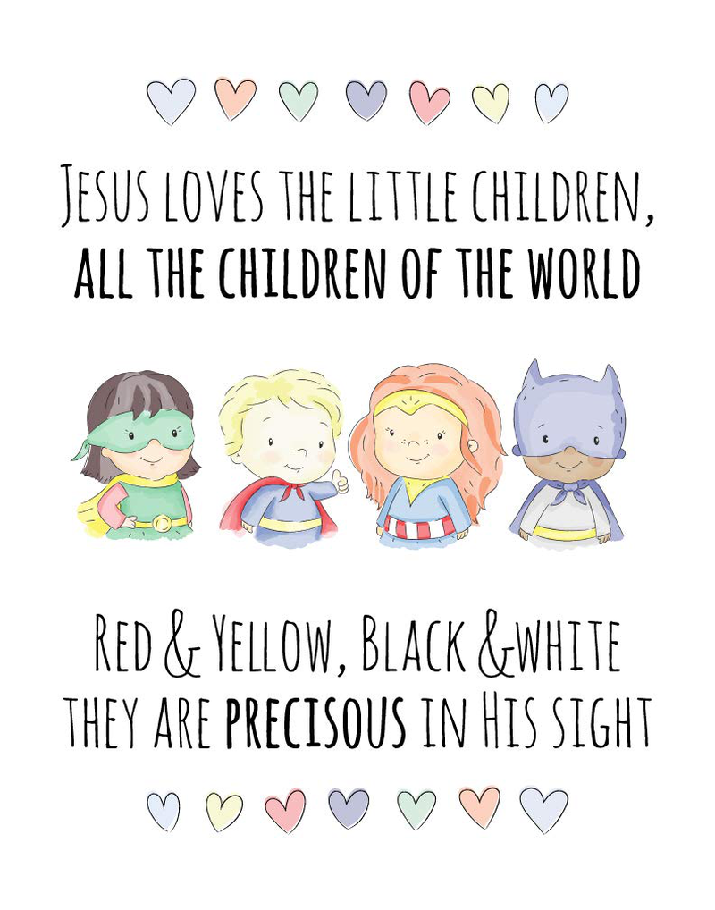 8x10 Jesus Loves The Little Children Wall Art Poster // Childrens Church Decor // Superhero Print // Christian Wall Art Decor // Sunday School Art Picture // Kids Worship