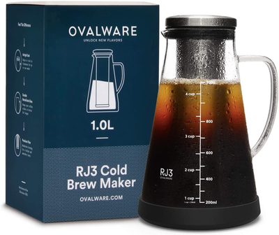 Airtight Cold Brew Iced Coffee Maker (& Iced Tea Maker) with Spout – 1.5L/ 51oz Ovalware RJ3 Brewing Glass Carafe with Removable Stainless Steel Filter