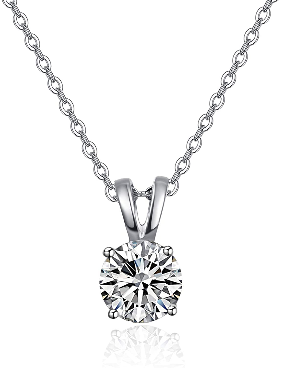 Sterling Silver Cubic Zirconia round Cut Simple Dainty Solitaire Pendant Necklace for Women Bridal Wedding, 18"