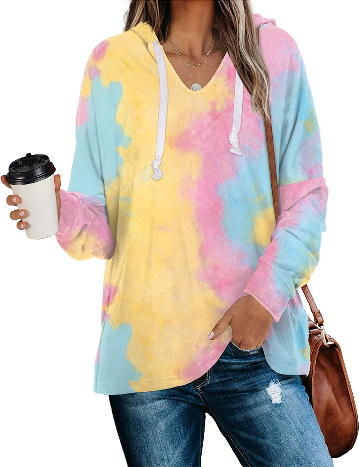 WIHOLL Women's V Neck Hoodie Sweatshirts Tie Dye Casual Long Sleeve Pullover Tops