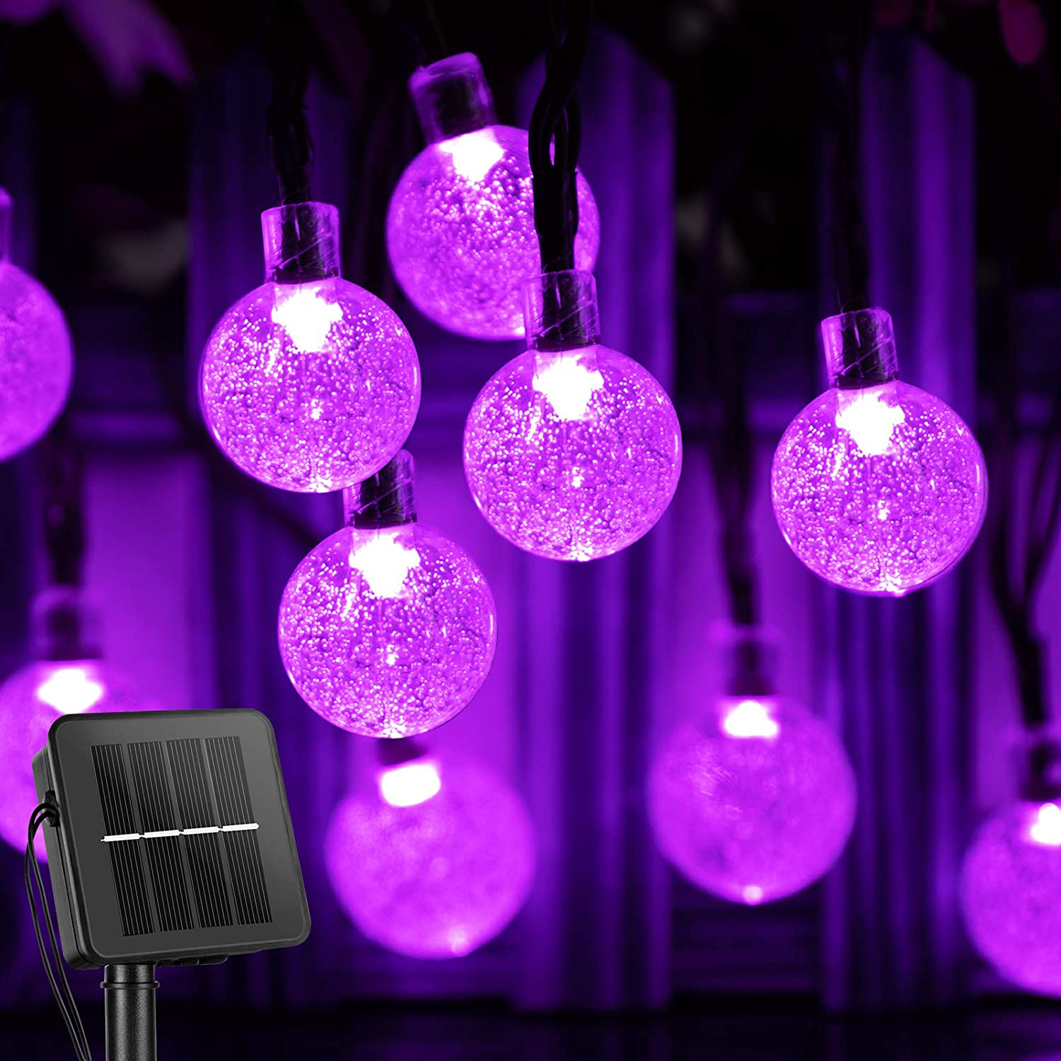 Solar Halloween Lights Outdoor 60 Led 35.6 Feet Crystal Globe String Lights with 8 Lighting Modes, Waterproof Solar Powered Patio Lights for Garden Yard Porch Wedding Party Decor Halloween (Purple)