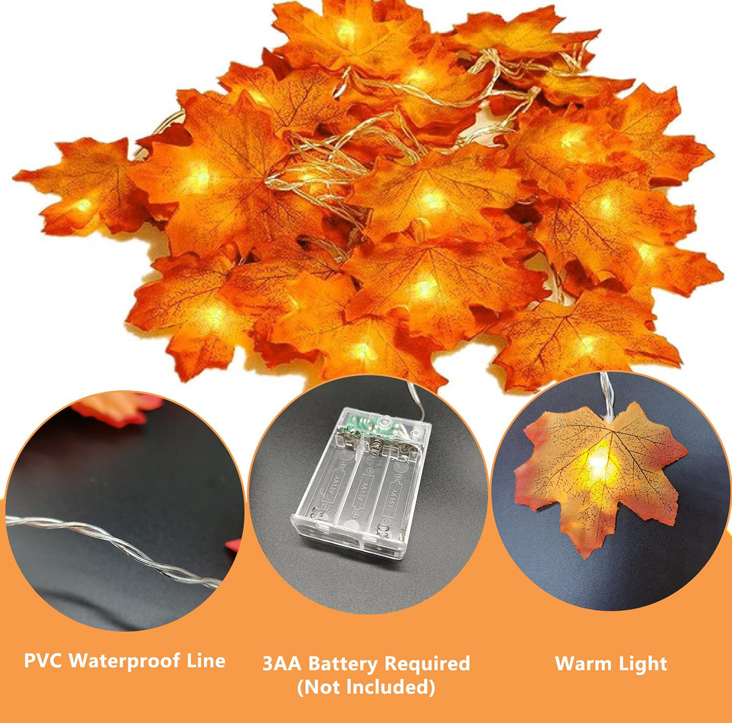 3 Pack Thanksgiving Maple Leaves String Lights Decorations 30FT 60LED Fall Leaf Garland Lights 3 AA Battery Operated Autumn for Home Party Fireplace Indoor Outdoor Holiday Decor (3Pack maple leaves)