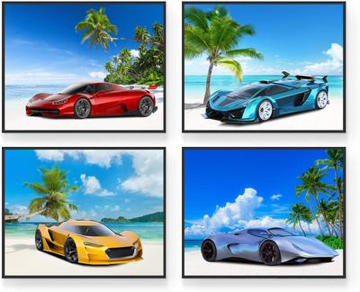 Beach Sport Car Poster, Kids Posters for Boys Room - Set of 4 (8x10in) Sports Car Room Decor, Wall Decor Cars Posters - Sports Theme Bedroom, Boys Room Wall Art Unframed Sports Car Decor