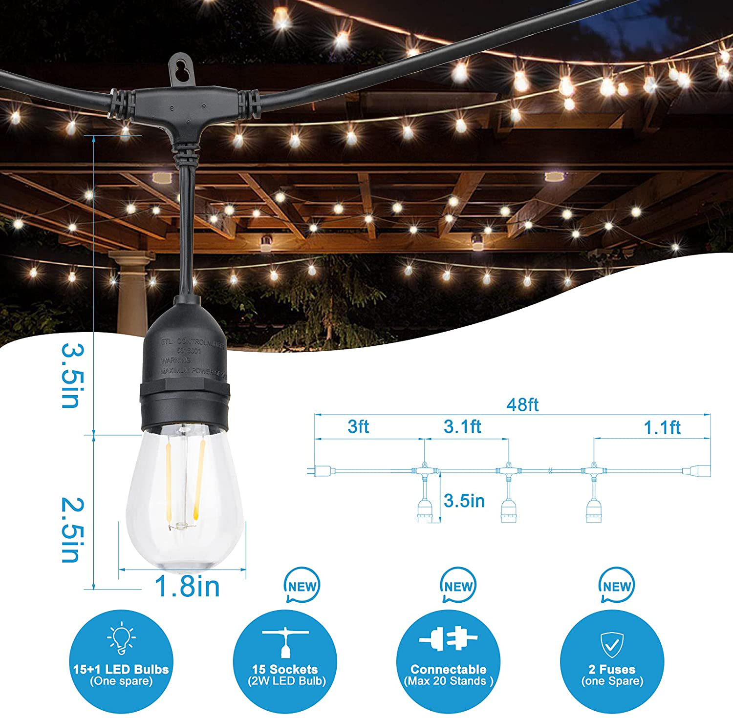 Lightdot Led Solar String Lights Outdoor, 48FT G40 Globe Patio Lights with 16Pcs Bulbs(1 Spare), E12 Base Dusk to Dawn Waterproof Cafe Lights for Porch, Pergola, Backyard, Deck, Garden, Pool