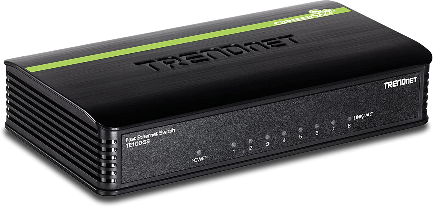 Trendnet 8-Port Unmanaged 10/100 Mbps Greennet Ethernet Desktop Switch, TE100-S8, 8 X 10/100 Mbps Ethernet Ports, 1.6 Gbps Switching Capacity, Plastic Housing, Network Ethernet Switch, Plug & Play Black