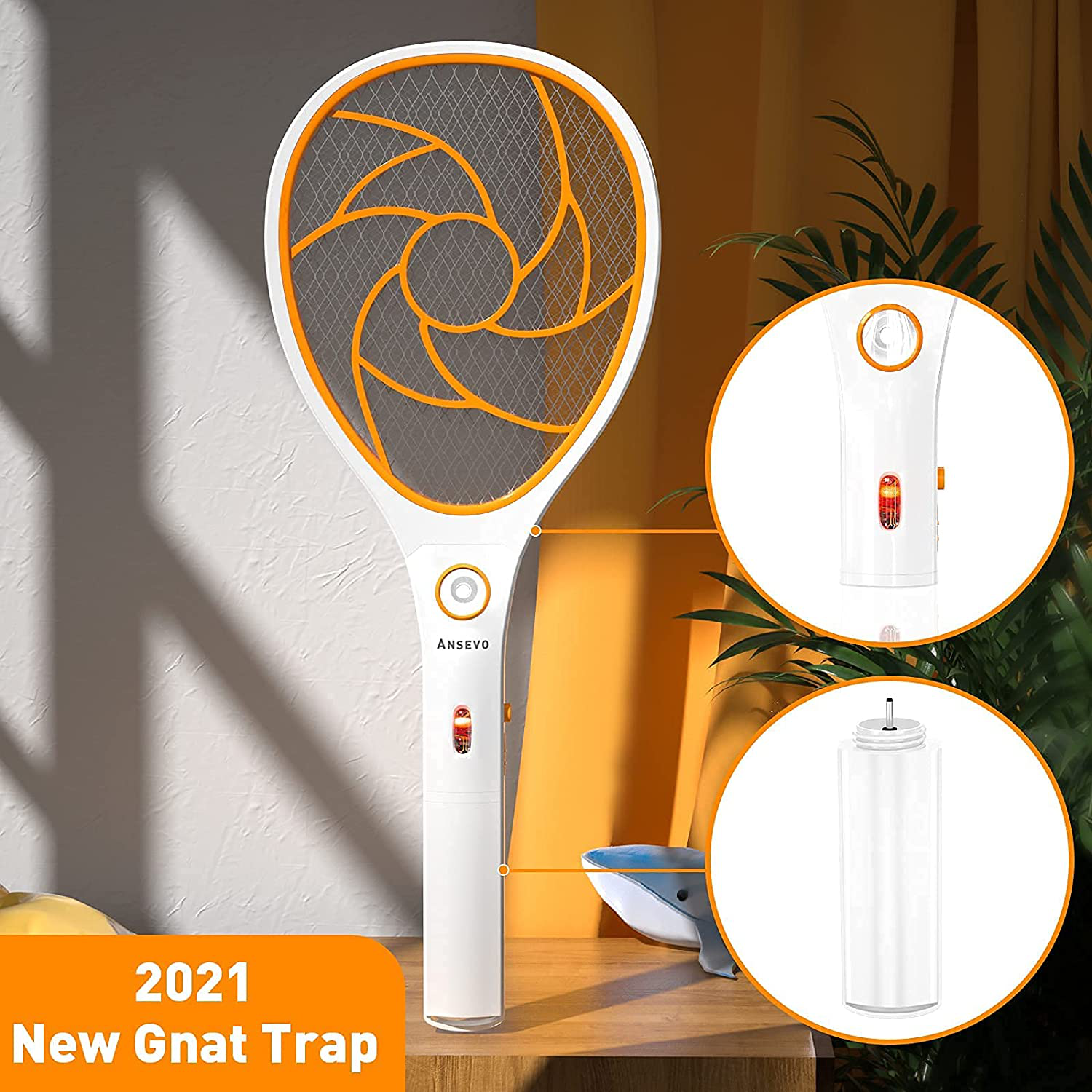 ANSEVO Bug Zapper Racket Electric Fly Swatter Electronic Mosquito Killer Removable Handle with USB Charging LED Lighting 3-Layer Protection for Indoor and Outdoor -Kill Insects, Gnats（Orange）