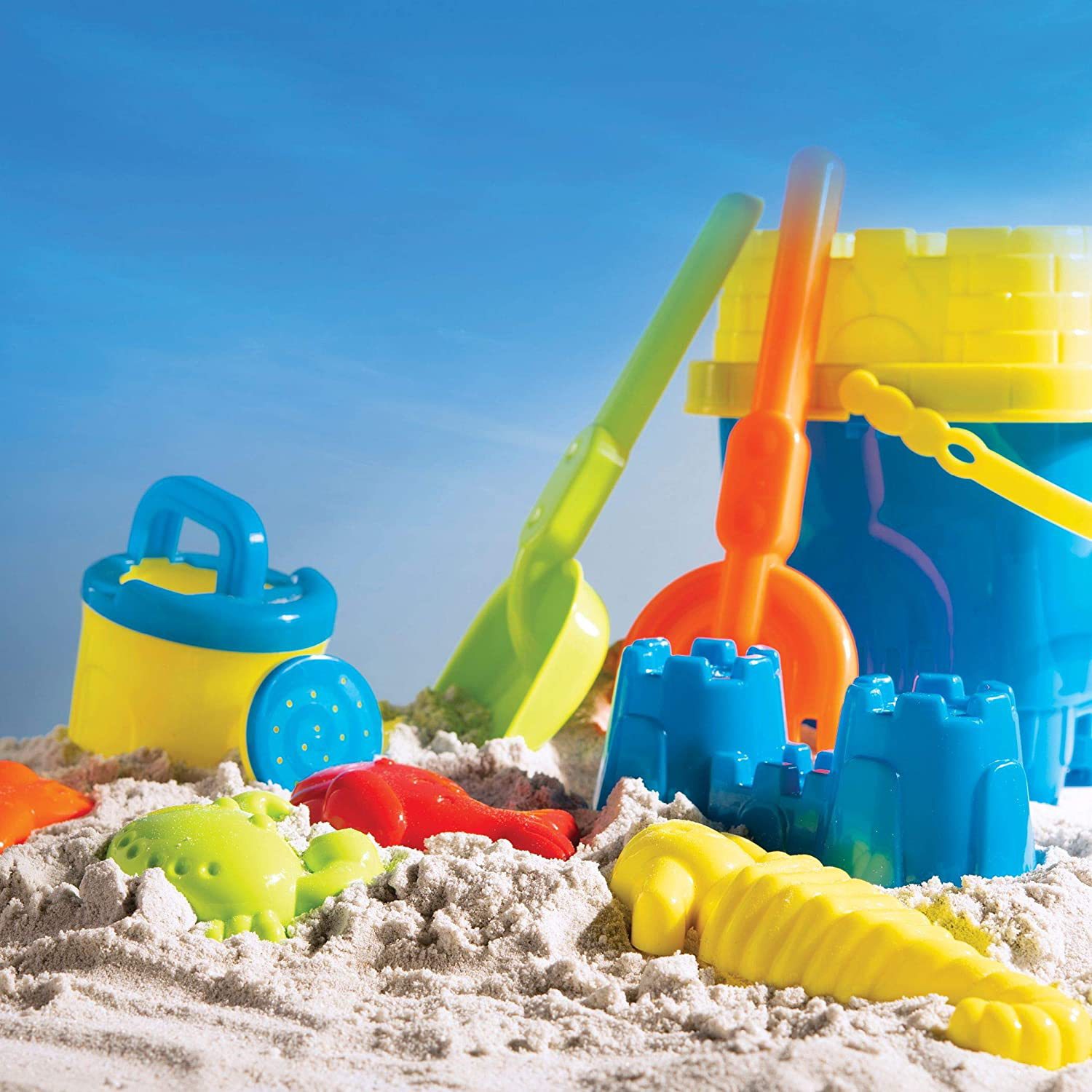 Prextex 10 Piece Beach Toys Sand Toys Set, Bucket with Sifter, Shovel, Rake, Watering Can, Animal and Castle Sand Molds
