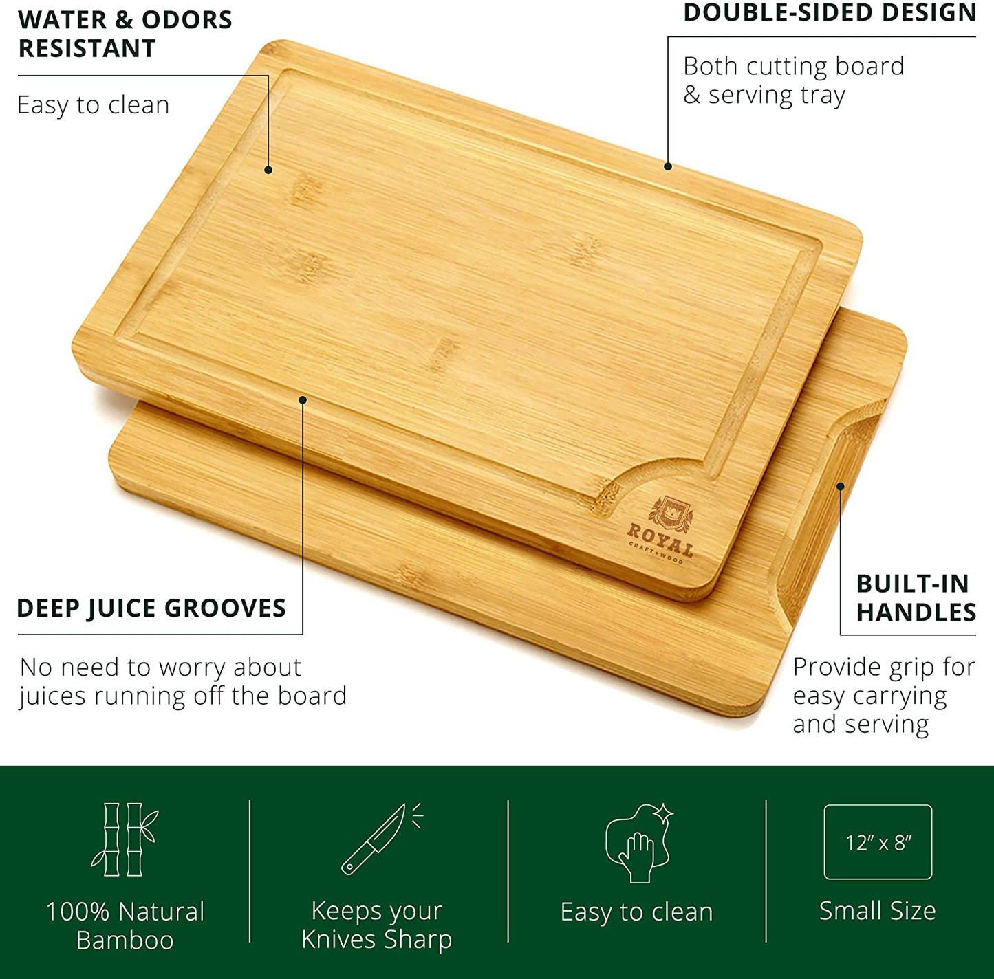 Bamboo Cutting Board with Juice Groove - Kitchen Chopping Board for Meat (Butcher Block) Cheese and Vegetables | Heavy Duty Serving Tray w/Handles (L,15" x 10")