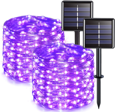 JMEXSUSS Solar Halloween Lights,2 Pack 33ft 100 LED Purple Solar Lights Outdoor Waterproof 8 Modes Solar Halloween String Lights for Halloween Decorations