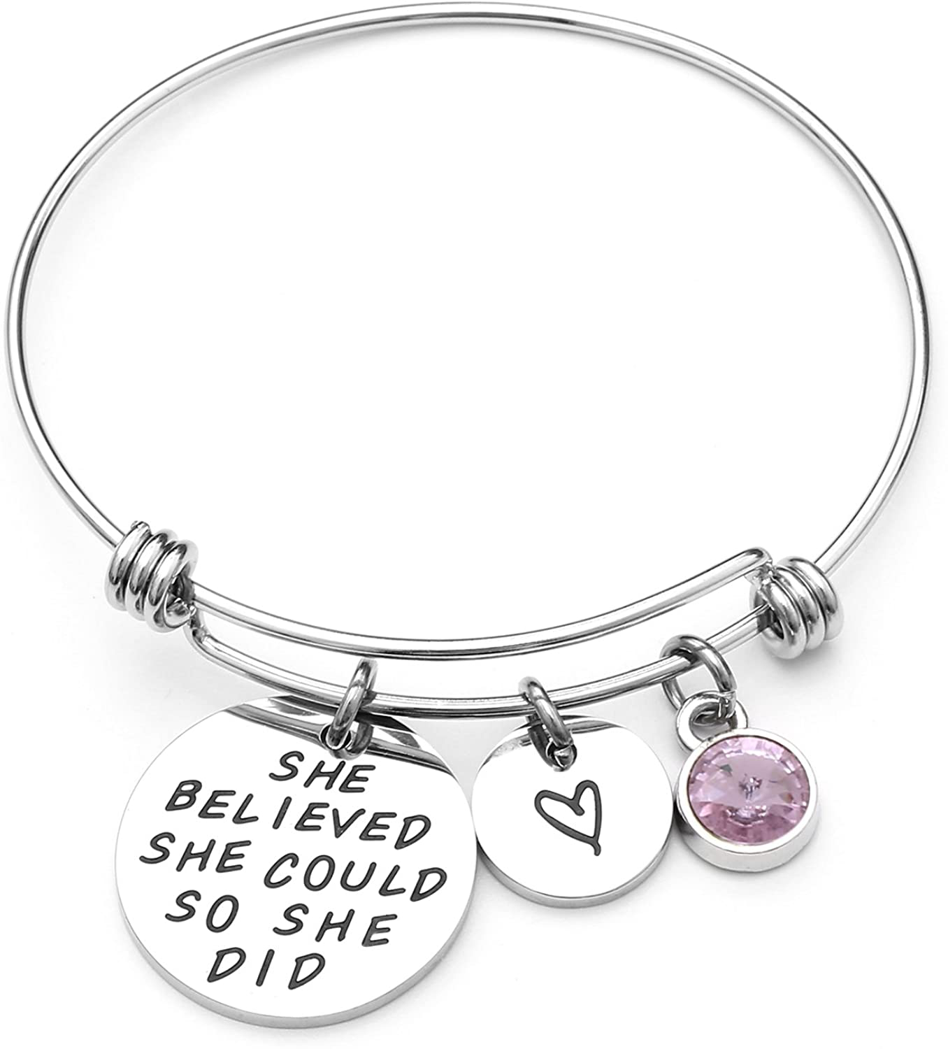 LIUANAN She Believed She Could so She Did Expandable Bangle Birthstone Charm Stainless Steel Cuff Bracelet